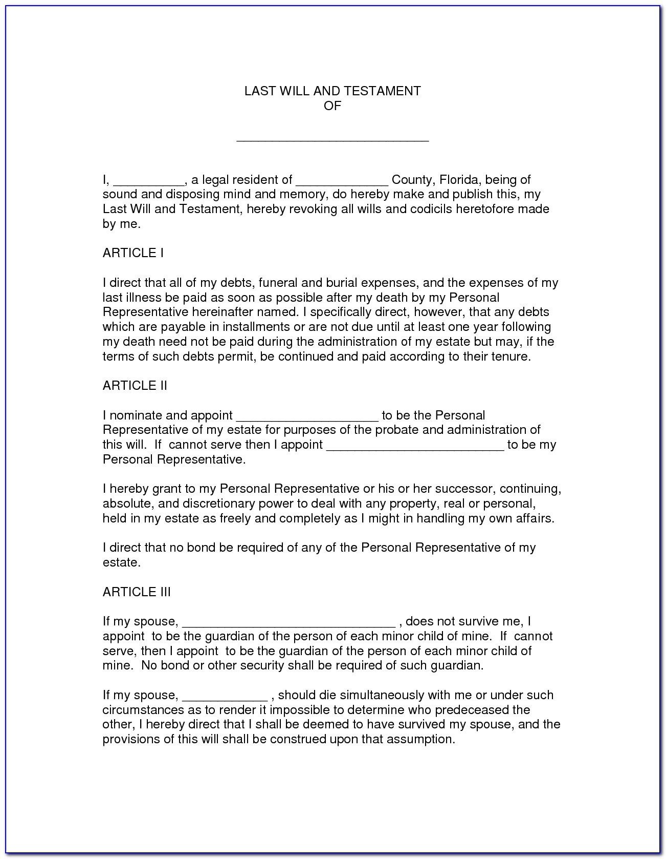 Free Printable Florida Last Will And Testament Form