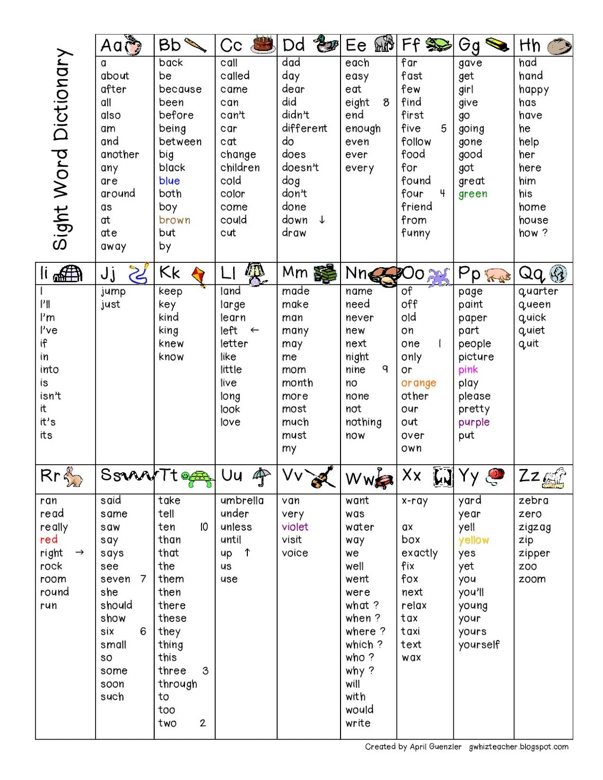 Free Printable Sight Word Dictionary