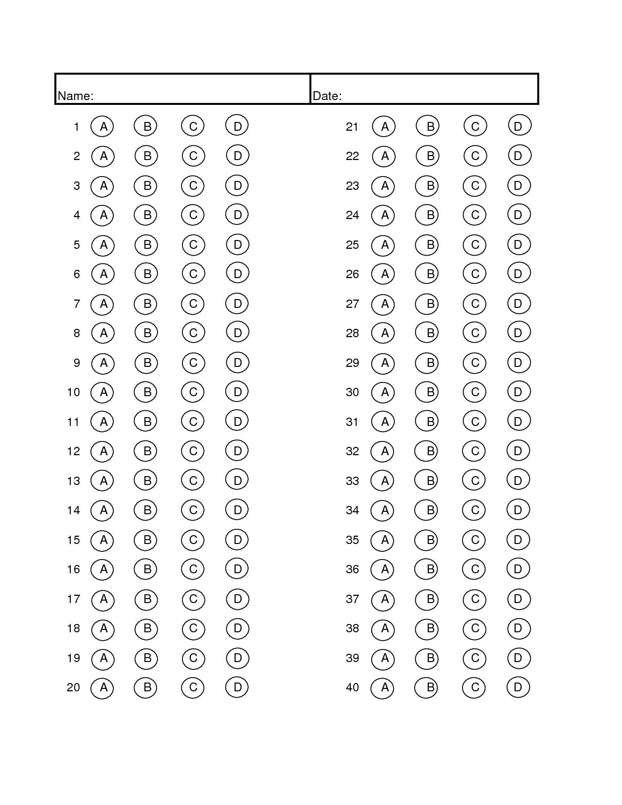 Free Printable Answer Sheet 1 100