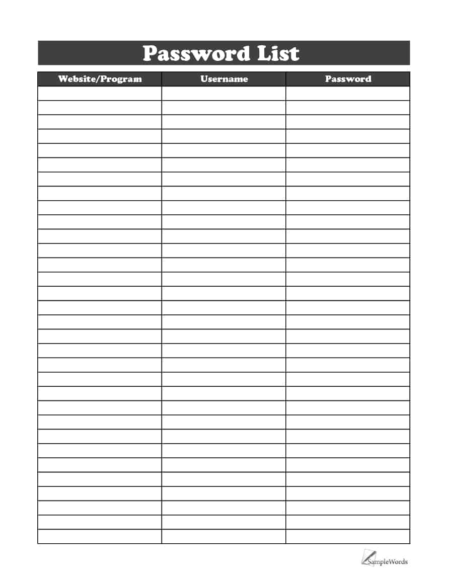 39 Best Password List Templates (Word, Excel &amp;amp; Pdf) - Template Lab - Free Printable Password List