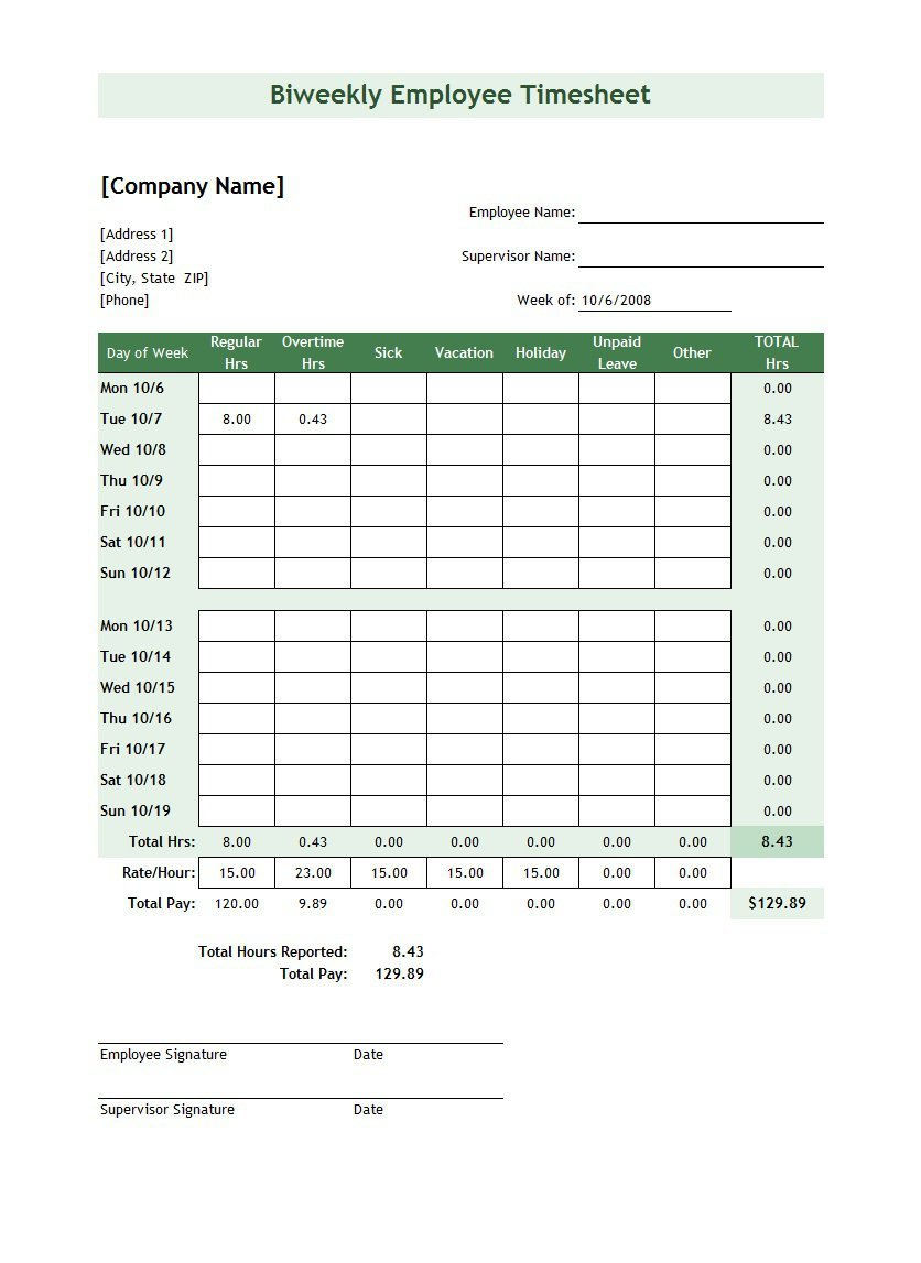 40 Free Timesheet / Time Card Templates - Template Lab - Time Card Templates Free Printable