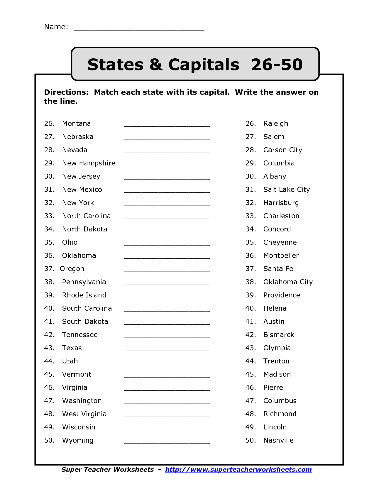 50 States Capitals List Printable | Back To School | Pinterest - Free Printable States And Capitals Worksheets
