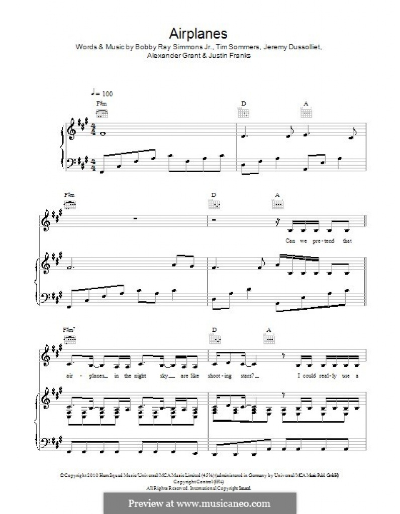 Airplanes (B.o.b. Featuring Hayley Williams)A. Grant, B.r. - Airplanes Piano Sheet Music Free Printable