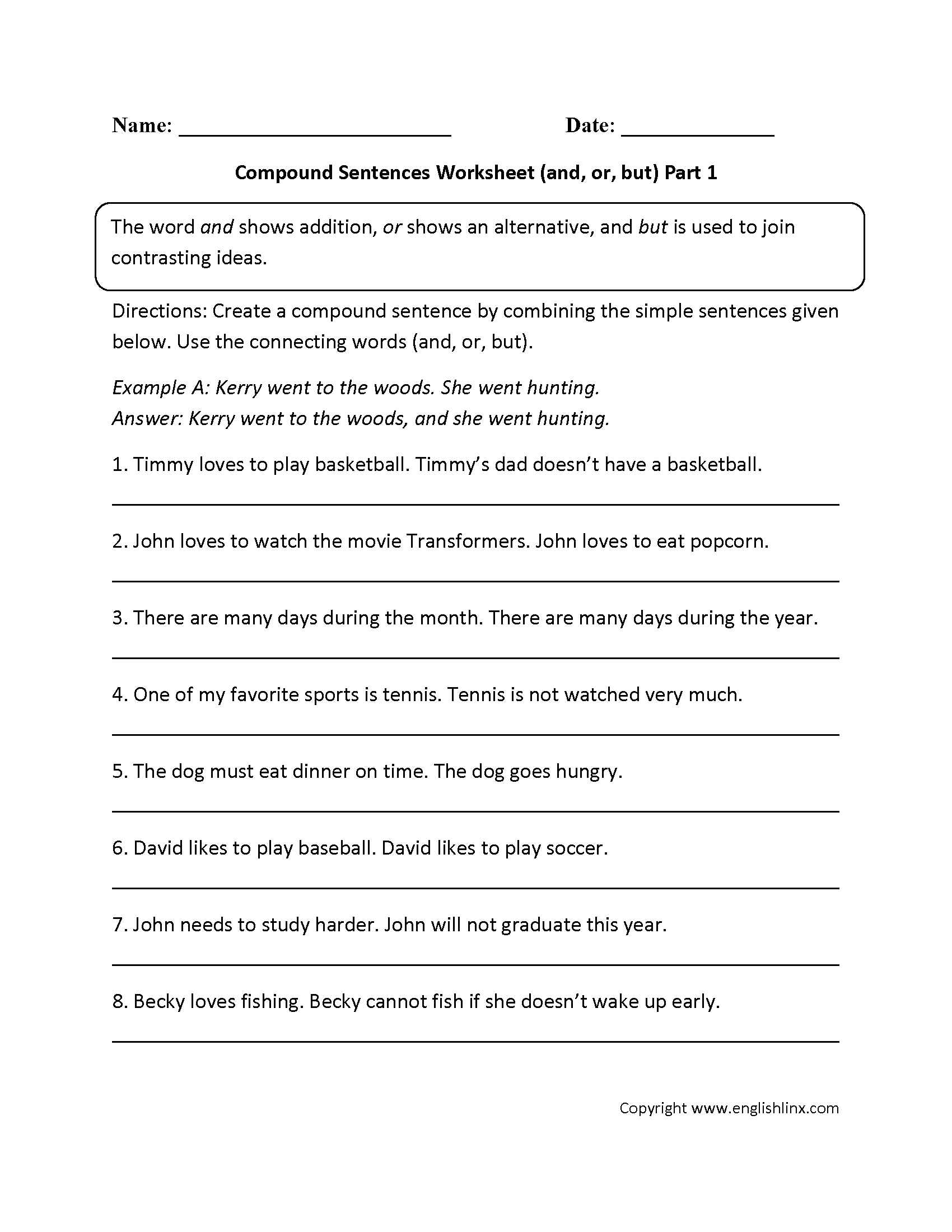 And, Or, And But Compound Sentences Worksheet | Capitalization - Free Printable Worksheets On Simple Compound And Complex Sentences