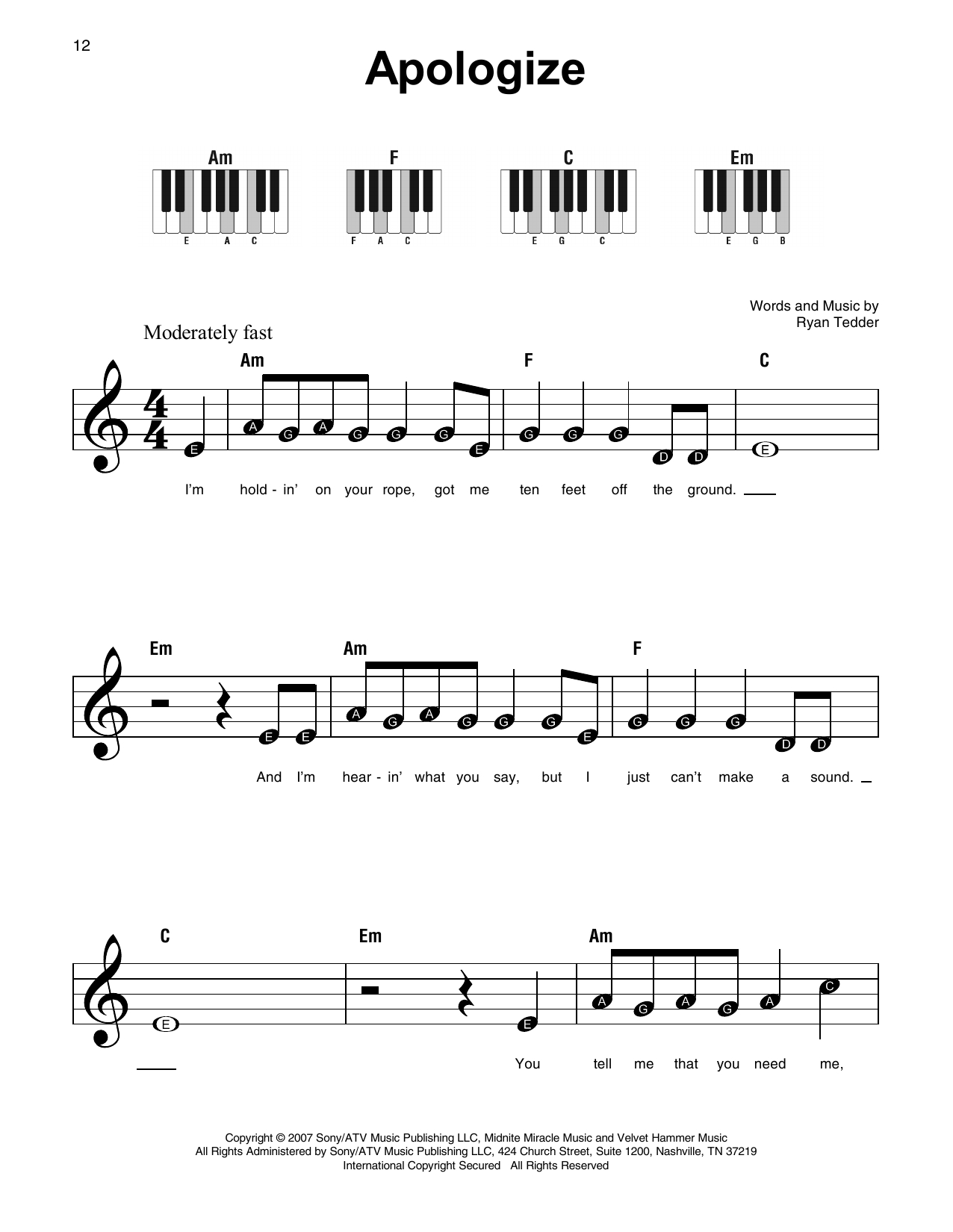 Apologize (Feat. Onerepublic) Sheet Music | Timbaland | Super Easy Piano - Apologize Piano Sheet Music Free Printable