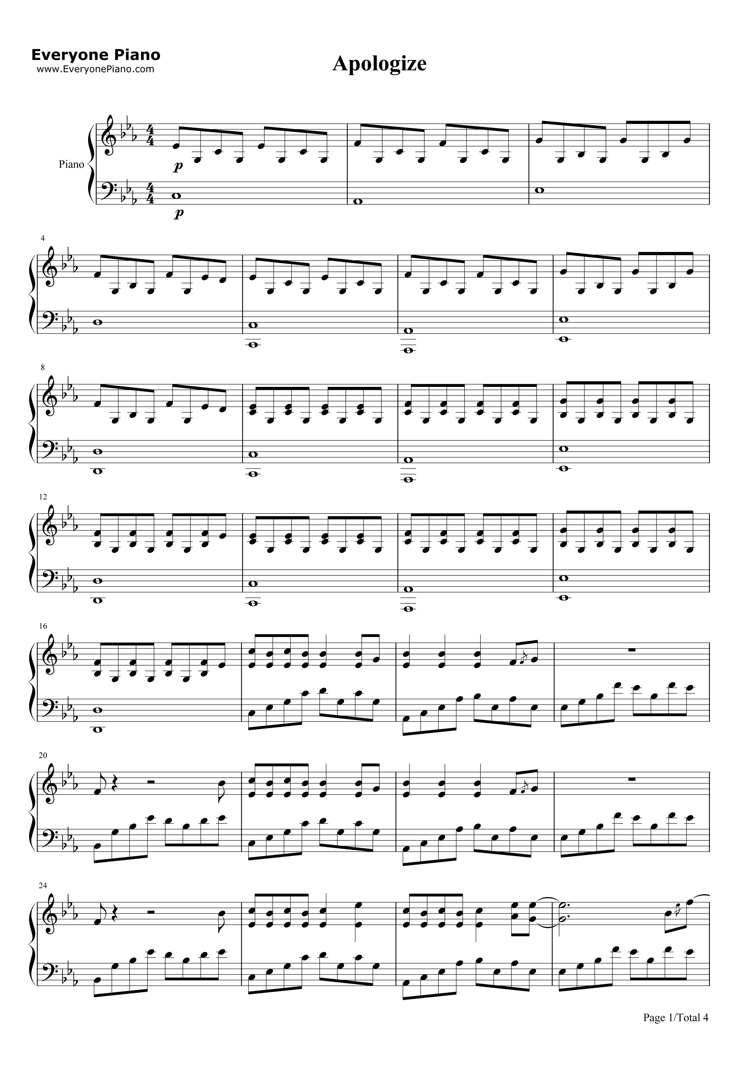 Apologize-Onerepublic Stave Preview - Apologize Piano Sheet Music Free Printable