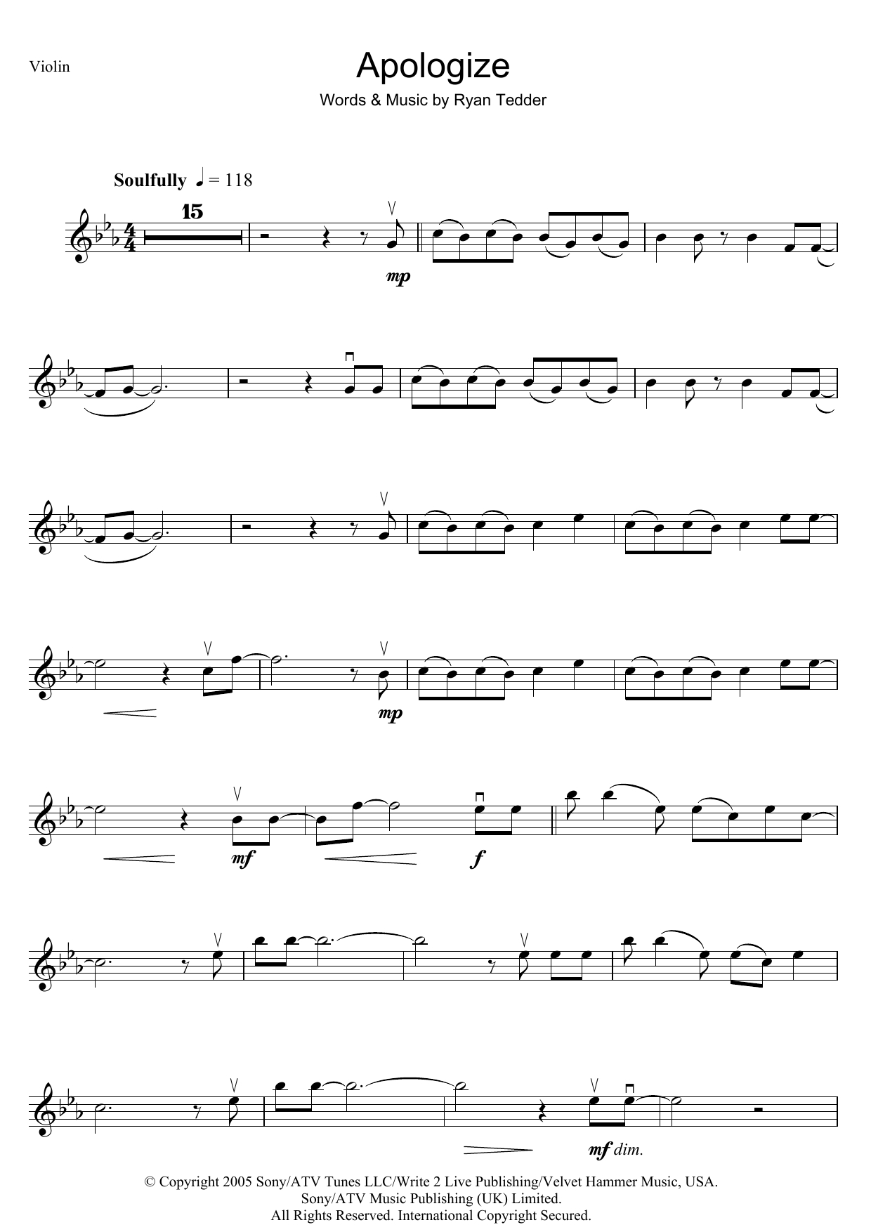 Apologize Sheet Music | Onerepublic | Violin Solo - Apologize Piano Sheet Music Free Printable