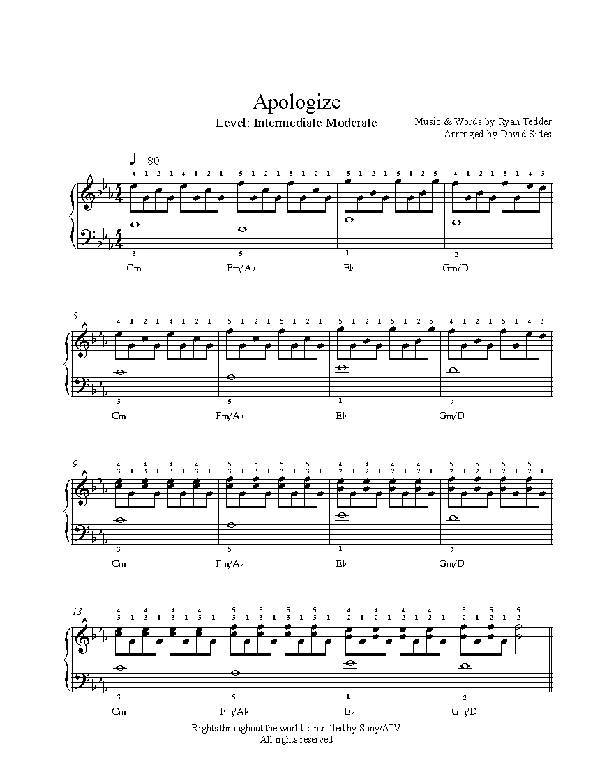 Apologizeone Republic Piano Sheet Music | Intermediate Level - Apologize Piano Sheet Music Free Printable