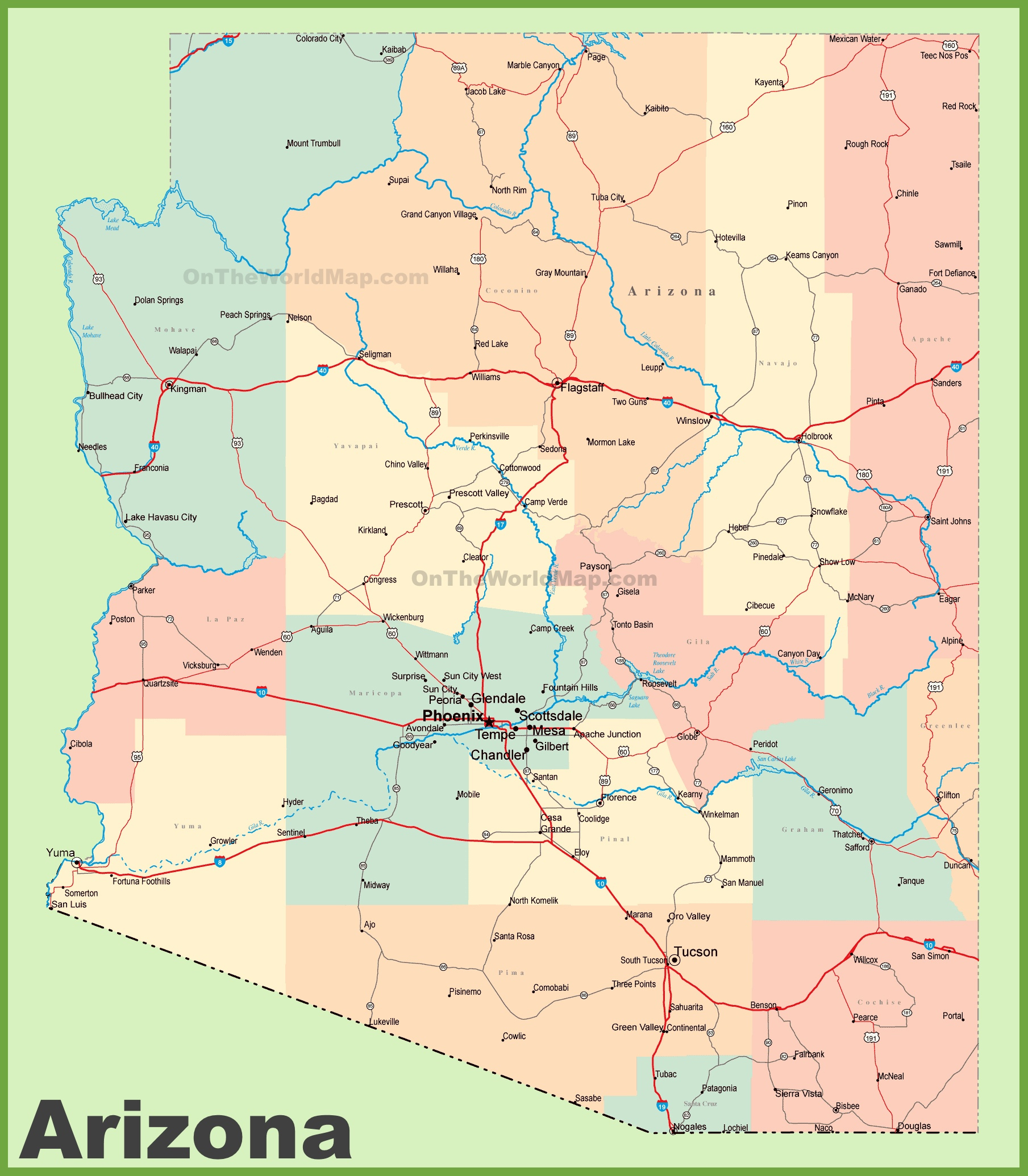 Arizona Road Map With Cities And Towns - Free Printable Map Of Arizona