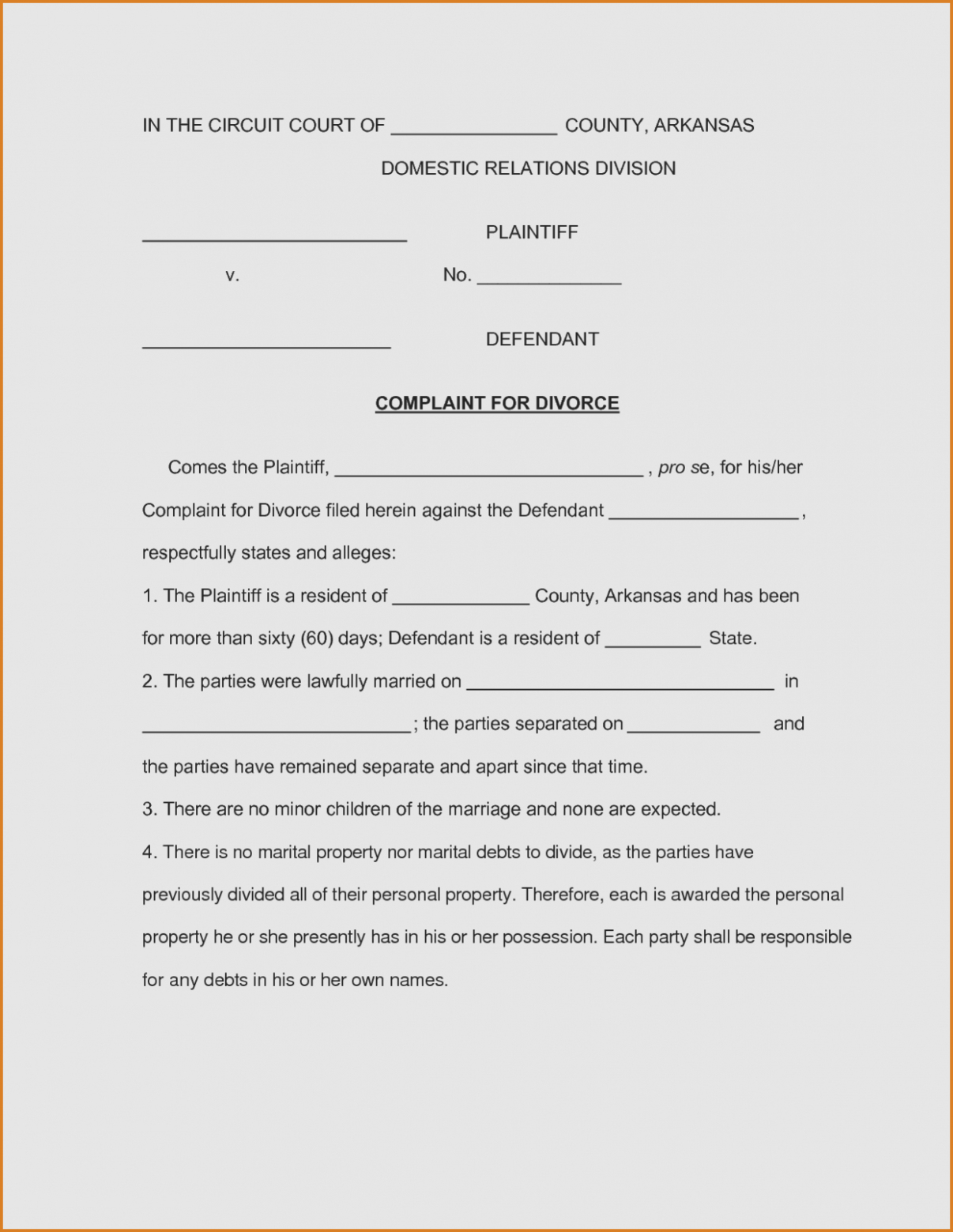 Free Printable Divorce Papers For Arkansas Free Printable