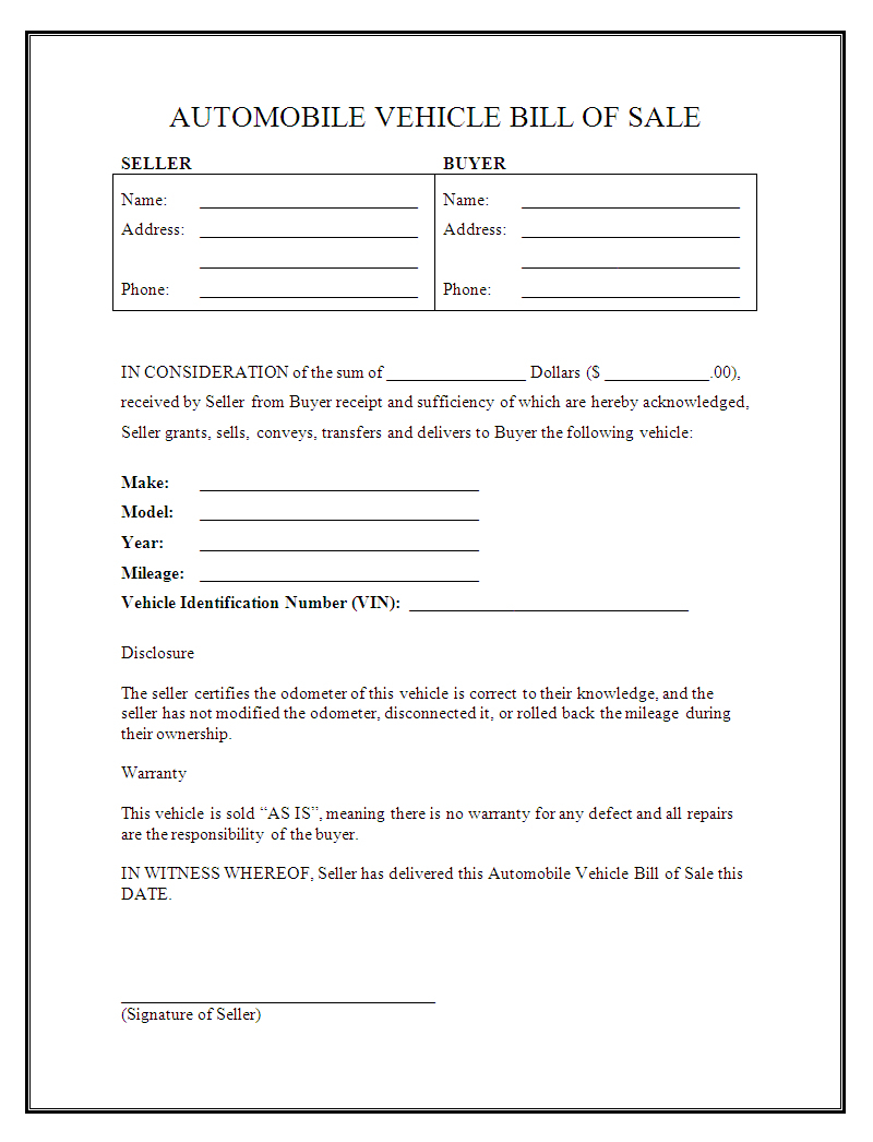 Auto Bill Of Sale Form – Bill Of Sale For A Vehicle Template - Free Printable Bill Of Sale For Car