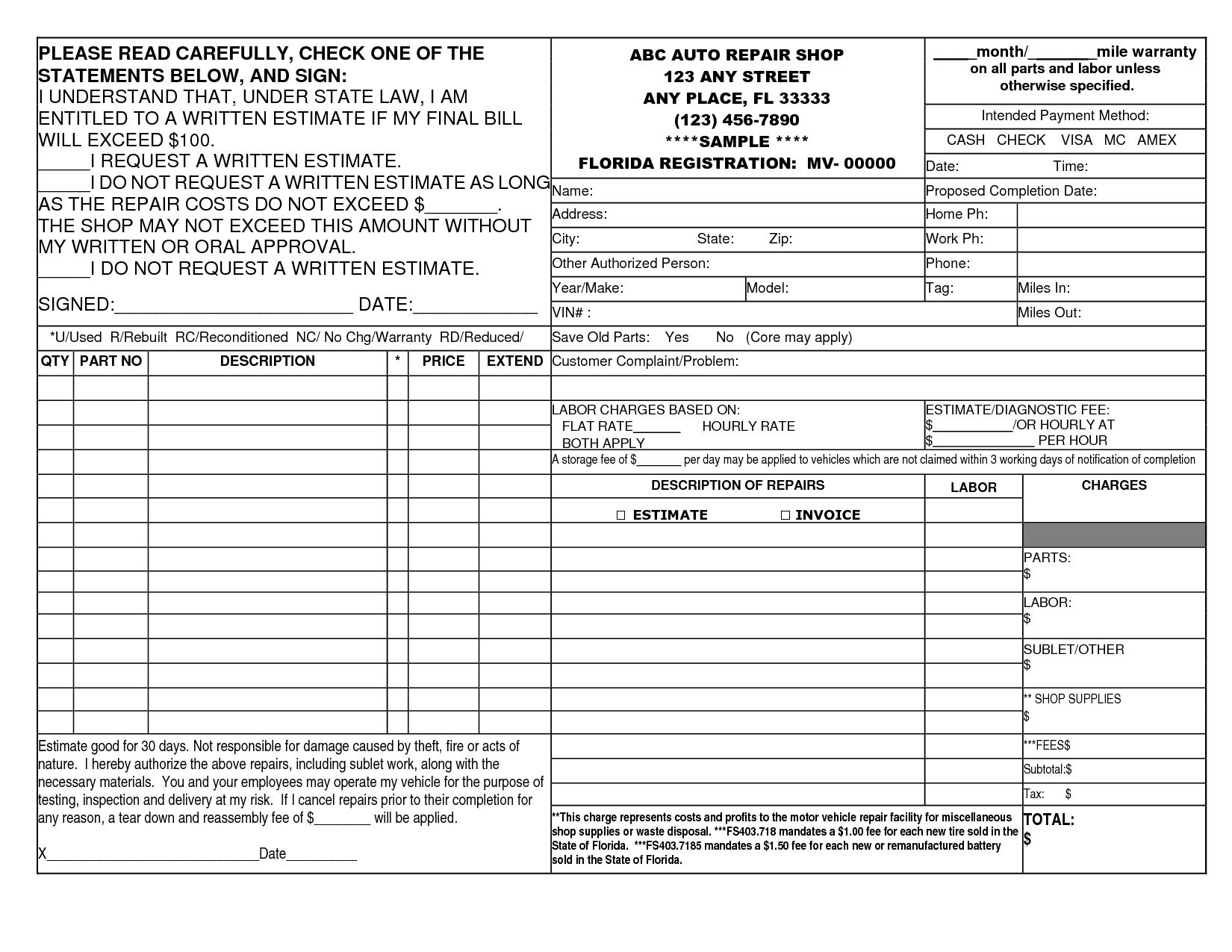 Auto Repair Invoice Blank Auto Repair Invoice Invoice Template Free - Free Printable Auto Repair Invoice Template