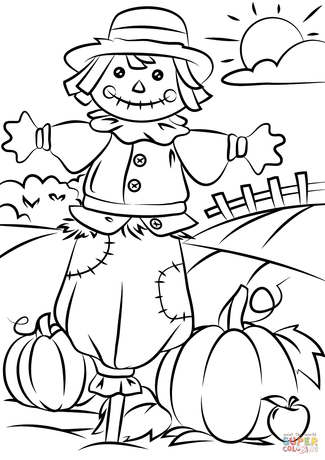 Autumn Scene With Scarecrow Coloring Page | Free Printable Coloring - Free Printable Autumn Coloring Sheets