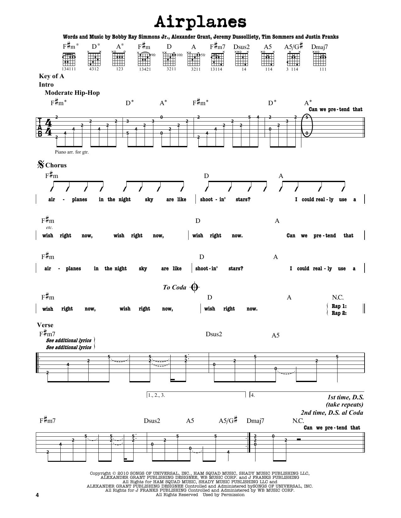 B.o.b. &amp;quot;airplanes (Feat. Hayley Williams)&amp;quot; Sheet Music Notes, Chords - Airplanes Piano Sheet Music Free Printable
