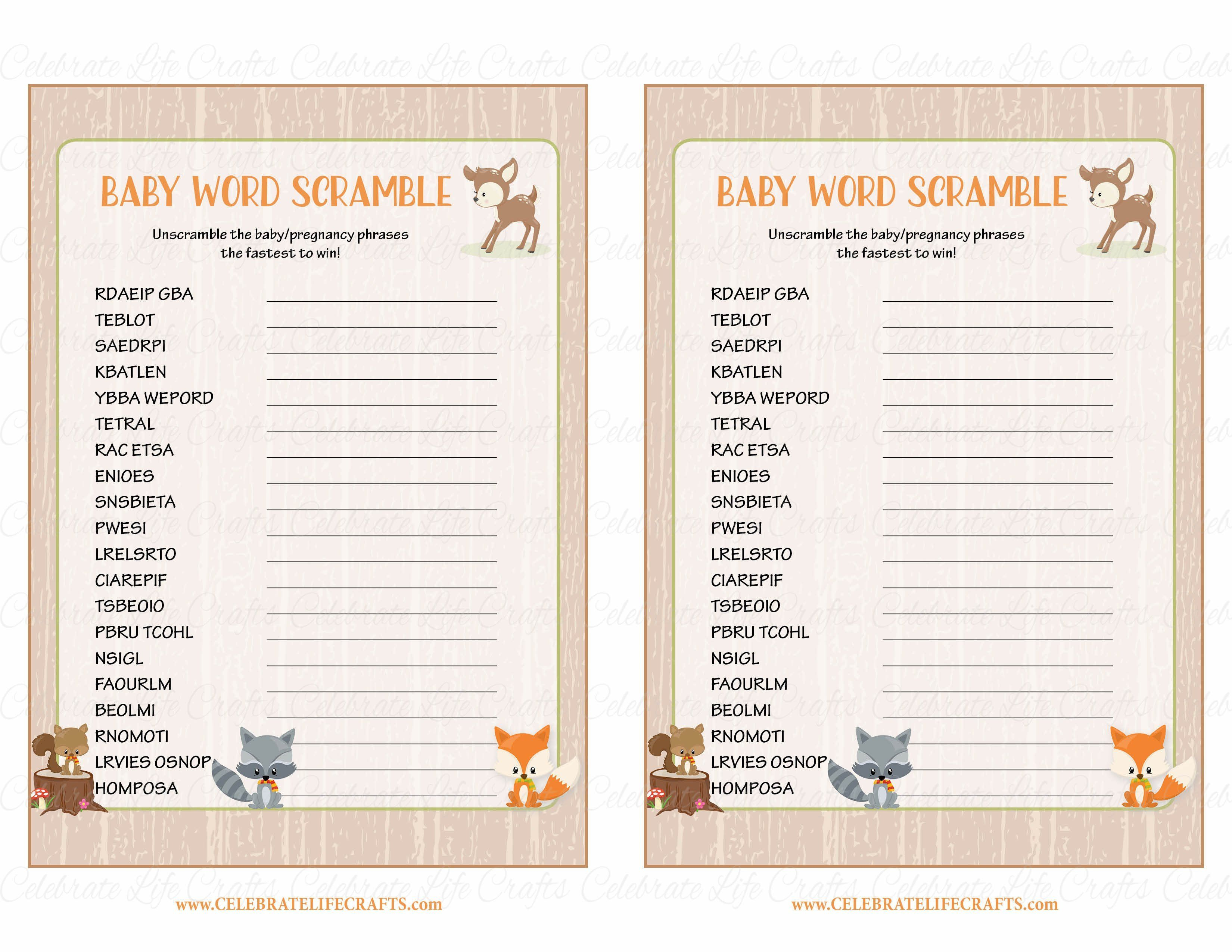 Baby Word Scramble - Printable Download - Forest Animals Woodland - Free Printable Baby Shower Games Word Scramble