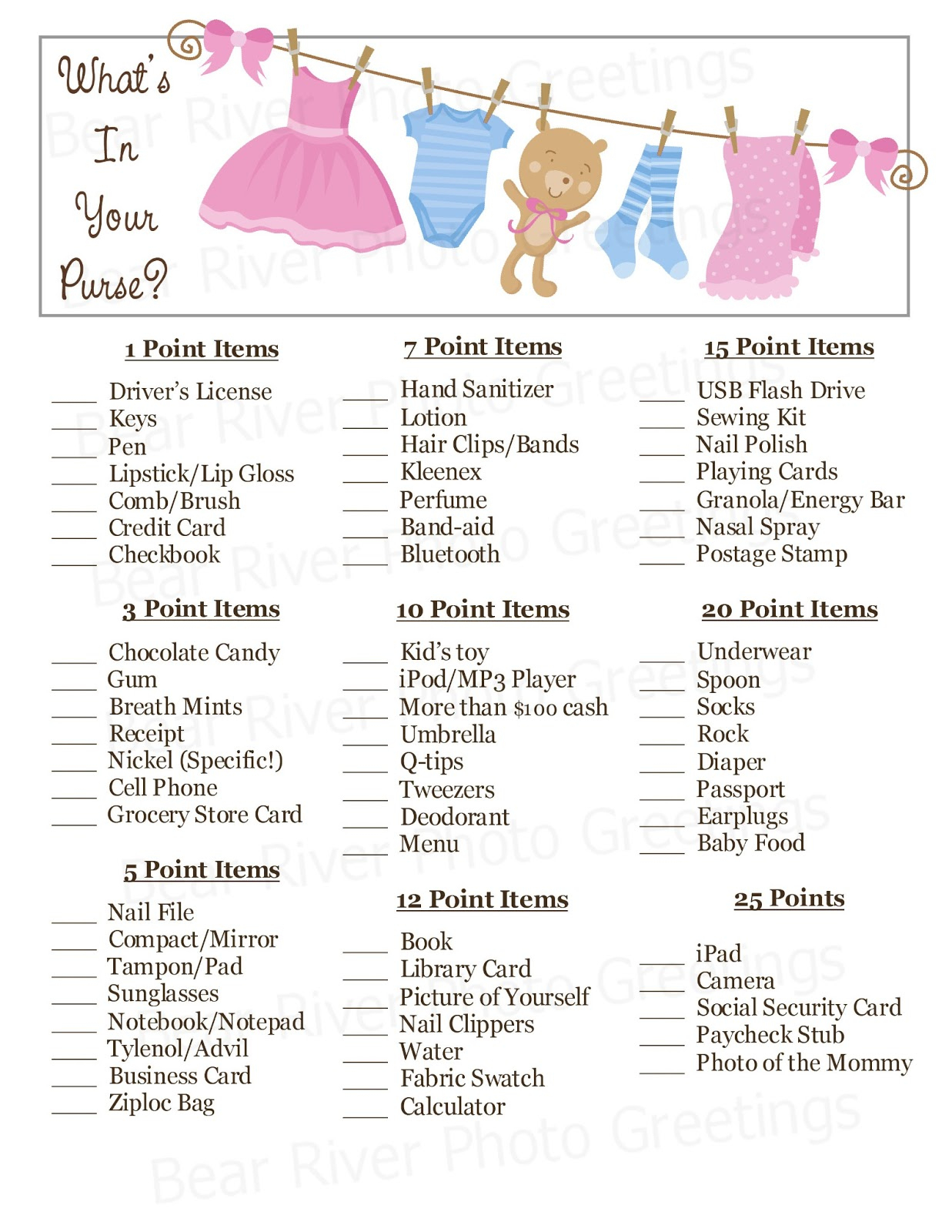 Bear River Photo Greetings: New! Instant Download Baby Shower Games - Free Printable Baby Shower Games What&amp;amp;#039;s In Your Purse