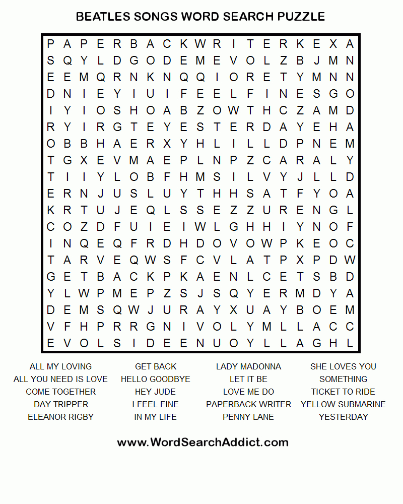 Beatles&amp;#039; Songs Printable Word Search Puzzle - Free Printable Word Search Puzzles For Adults