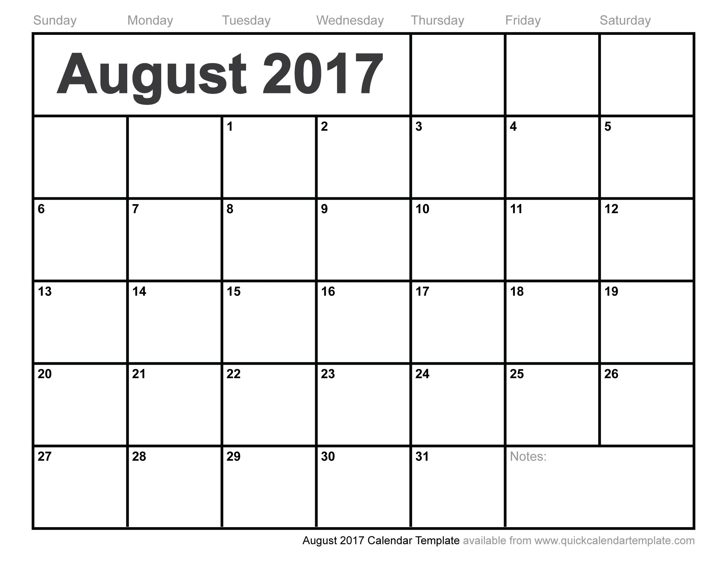 Blank August 2017 Calendar | August 2017 Calendar | June Calendar - Free Printable August 2017