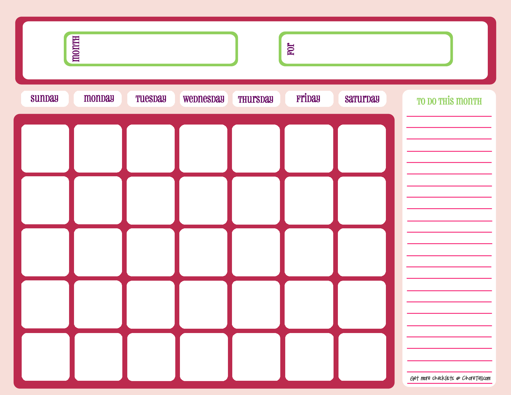 Blank Month Calendar - Pinks - Free Printable Downloads From - Free Printable Charts And Lists