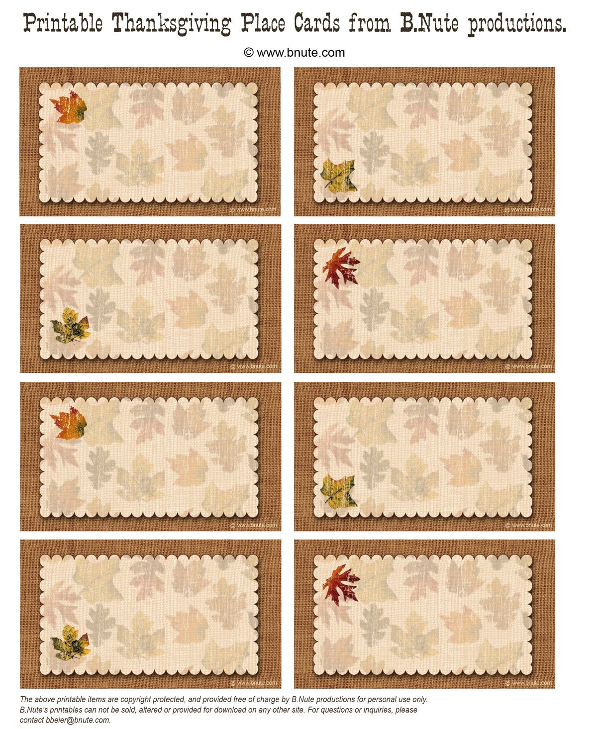 Bnute Productions: Free Printable Autumn Place Cards Perfect For - Free Printable Thanksgiving Place Cards To Color