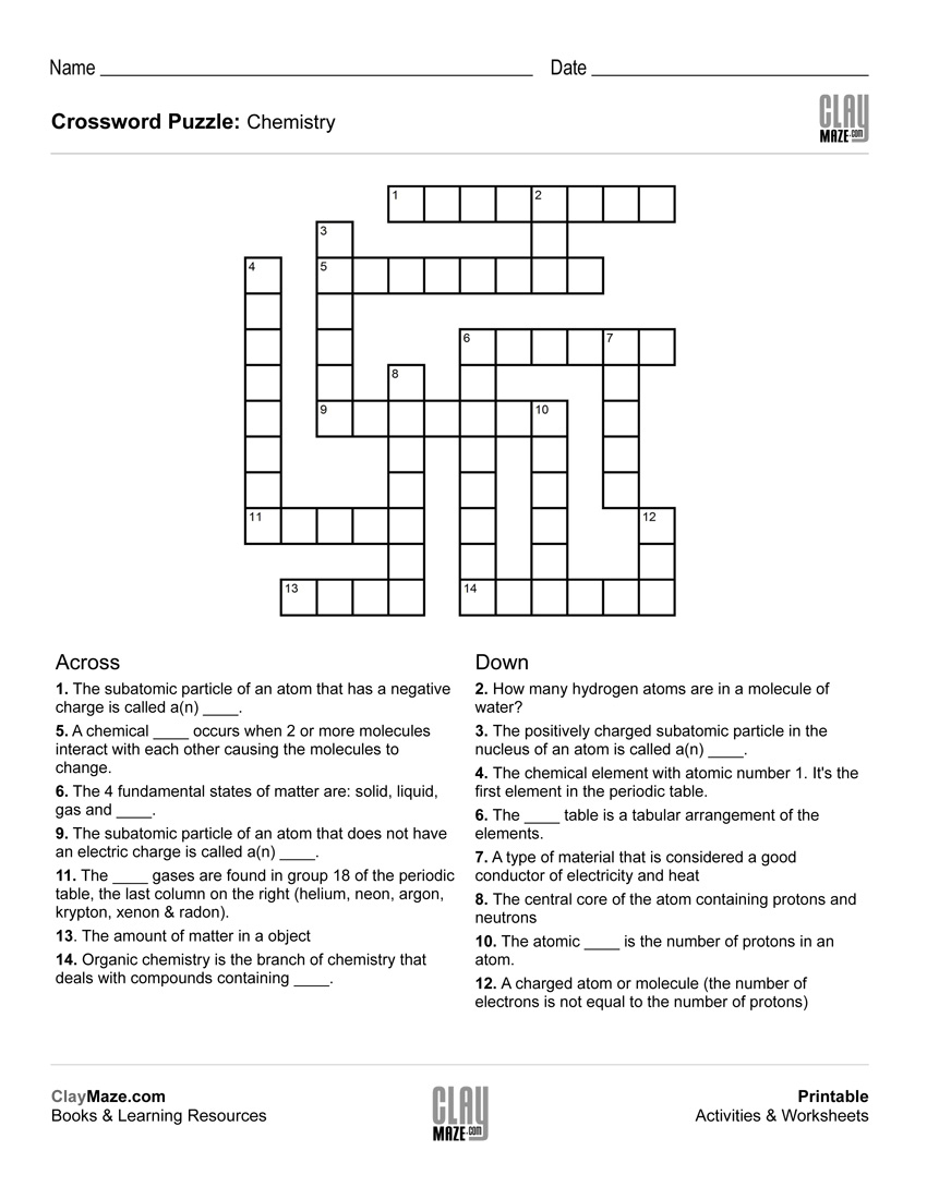 Chemistry Themed Crossword Puzzle | Free Printable Children&amp;#039;s - Free Printable Themed Crossword Puzzles