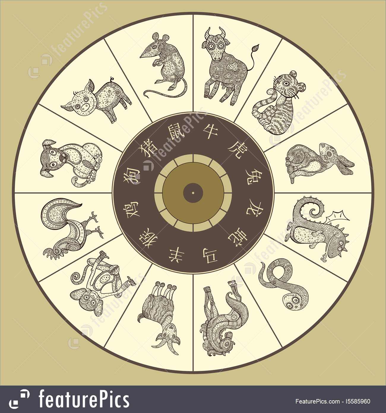 Chinese Zodiac Wheel With Twelve Stock Illustration I5585960 At - Free Printable Chinese Zodiac Wheel