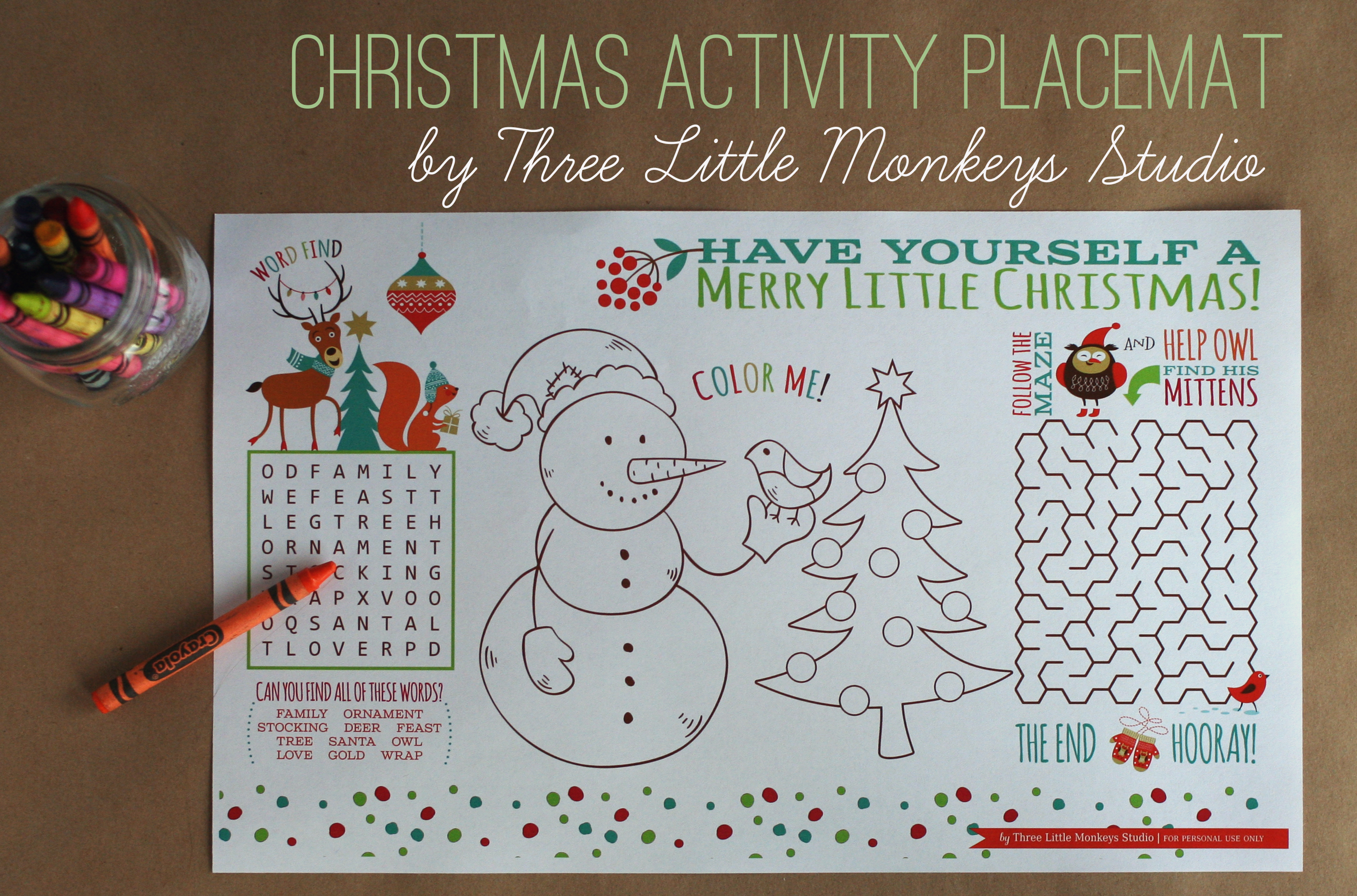 Christmas Activity Placemat (Free Printable} - Three Little Monkeys - Free Printable Christmas Placemats For Adults