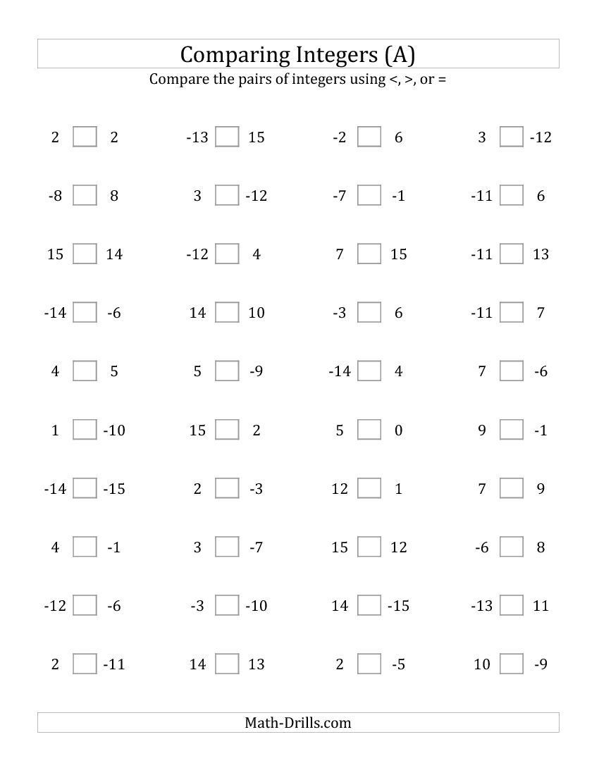 Grade 6 Math Worksheets Integers