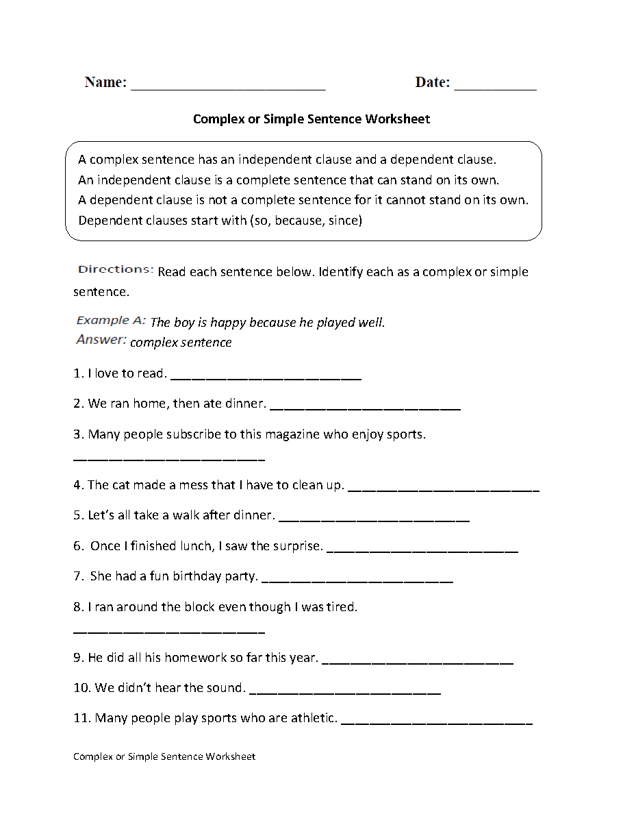 Complex Or Simple Sentence Worksheet | Englishlinx Board - Free Printable Worksheets On Simple Compound And Complex Sentences