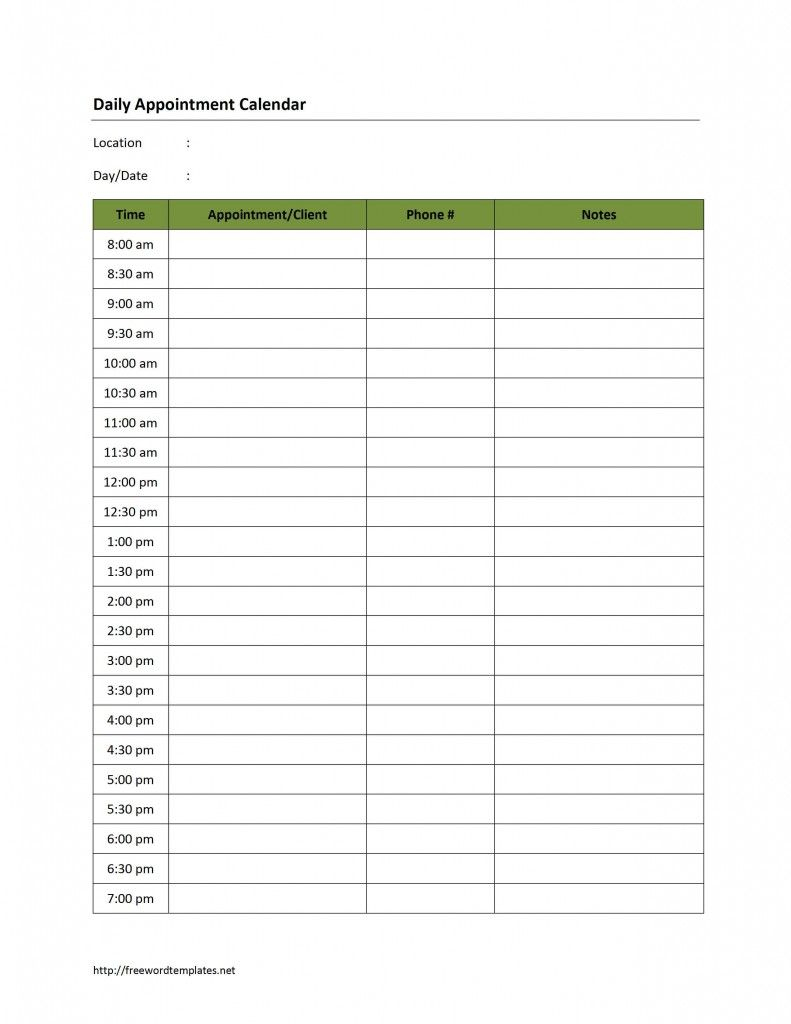 Daily Appointment Calendar Template. | Life Coaching - Tool Box - Free Printable Weekly Appointment Sheets