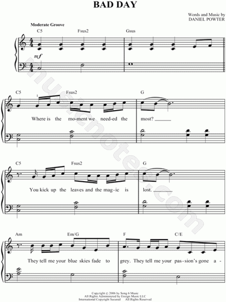 Daniel Powter &amp;quot;bad Day&amp;quot; Sheet Music (Easy Piano) In C Major Inside - Bad Day Piano Sheet Music Free Printable