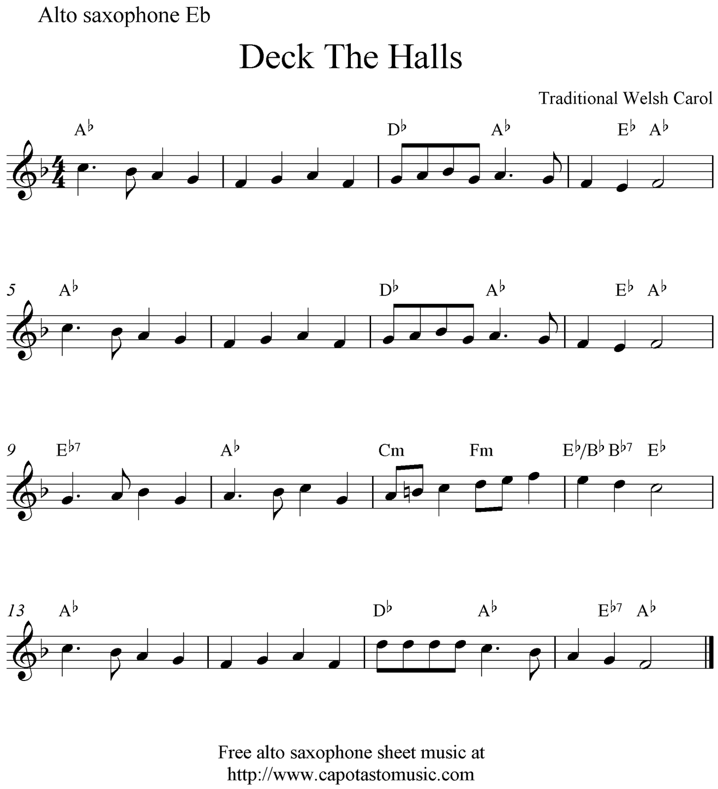 Deck The Halls, Free Christmas Alto Saxophone Sheet Music Notes - Free Printable Christmas Sheet Music For Alto Saxophone
