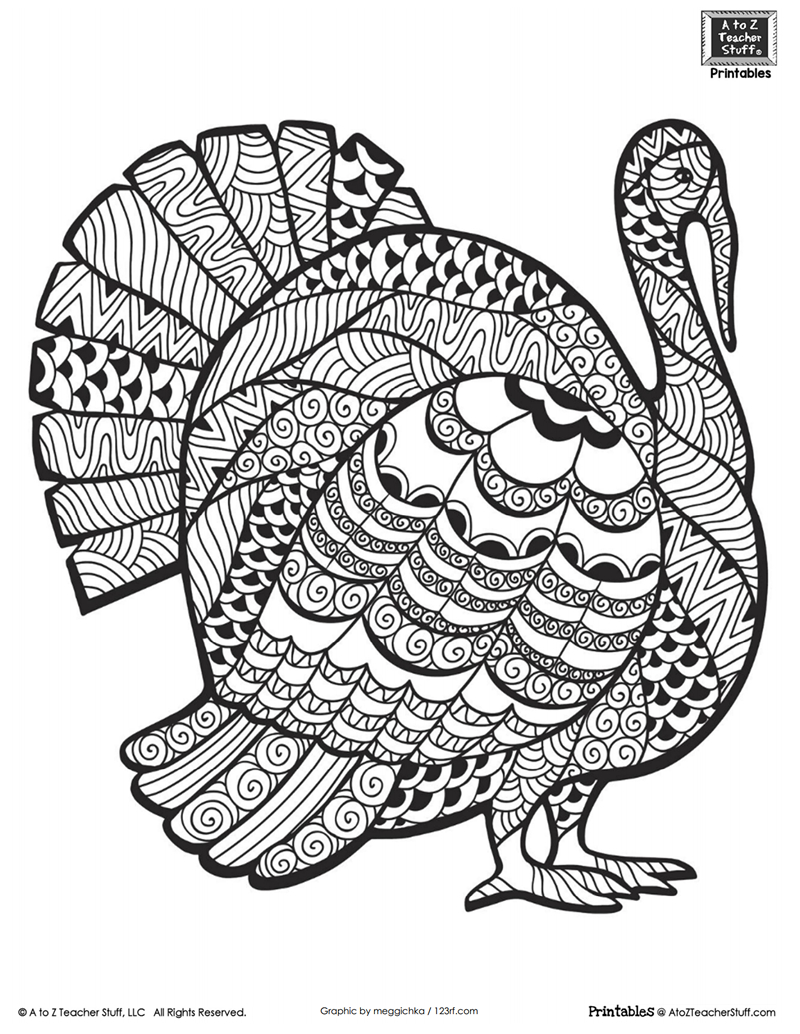 Detailed Turkey Advanced Coloring Page | A To Z Teacher Stuff - Free Printable Turkey Coloring Pages