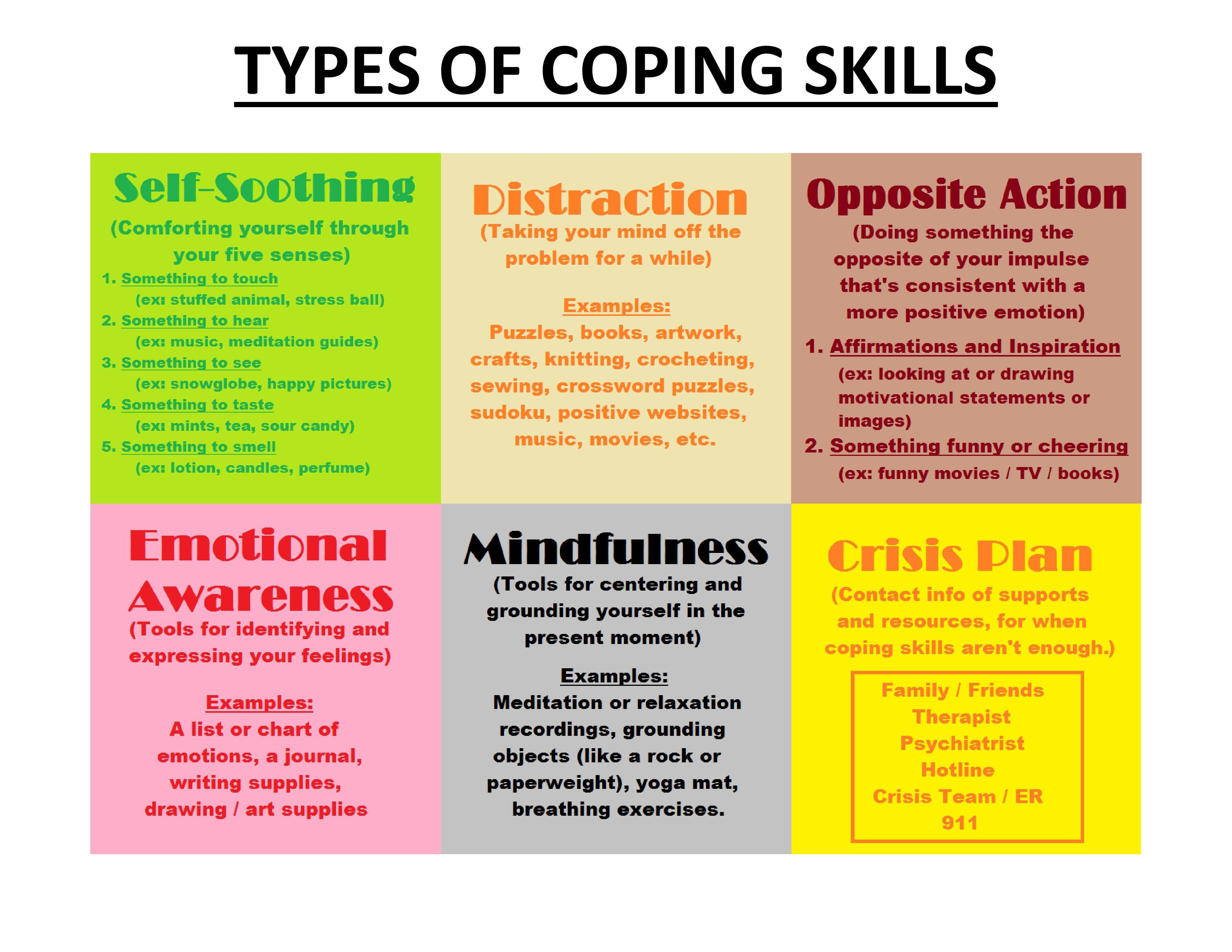 Different Types Of Coping Skills - Self-Soothing, Distraction - Free Printable Coping Skills Worksheets