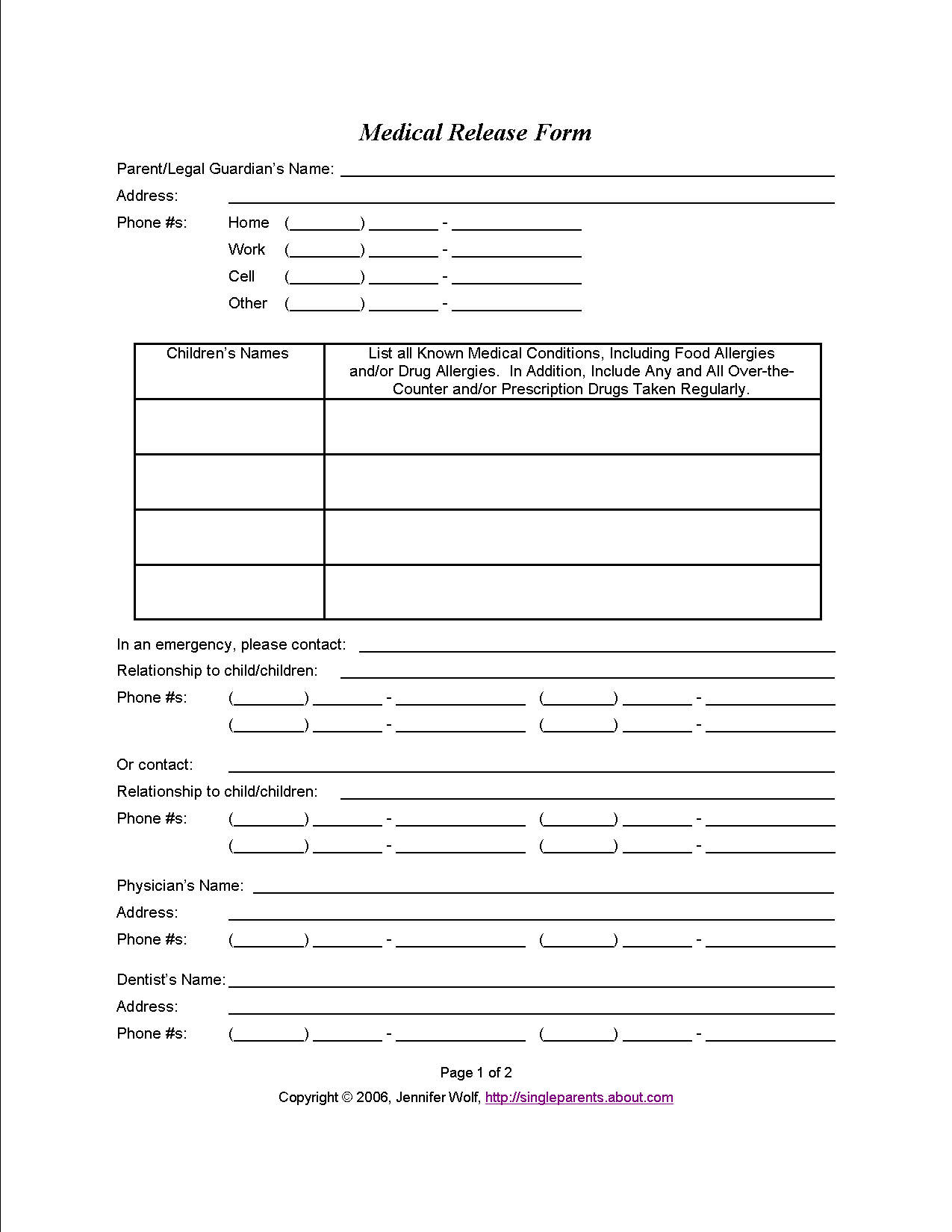 Do You Have A Medical Release Form For Your Kids? | Travel - Free Printable Caregiver Forms