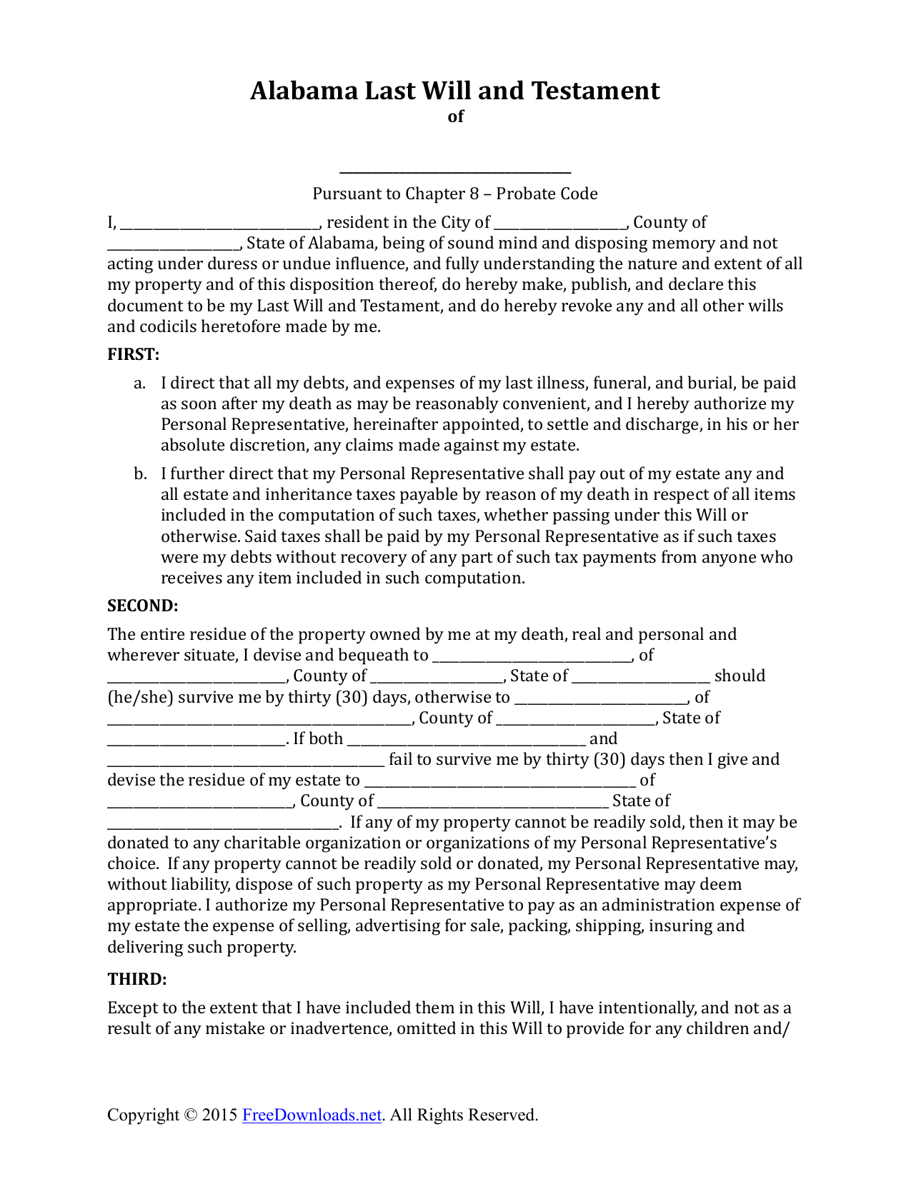Download Alabama Last Will And Testament Form | Pdf | Rtf | Word - Free Printable Florida Last Will And Testament Form