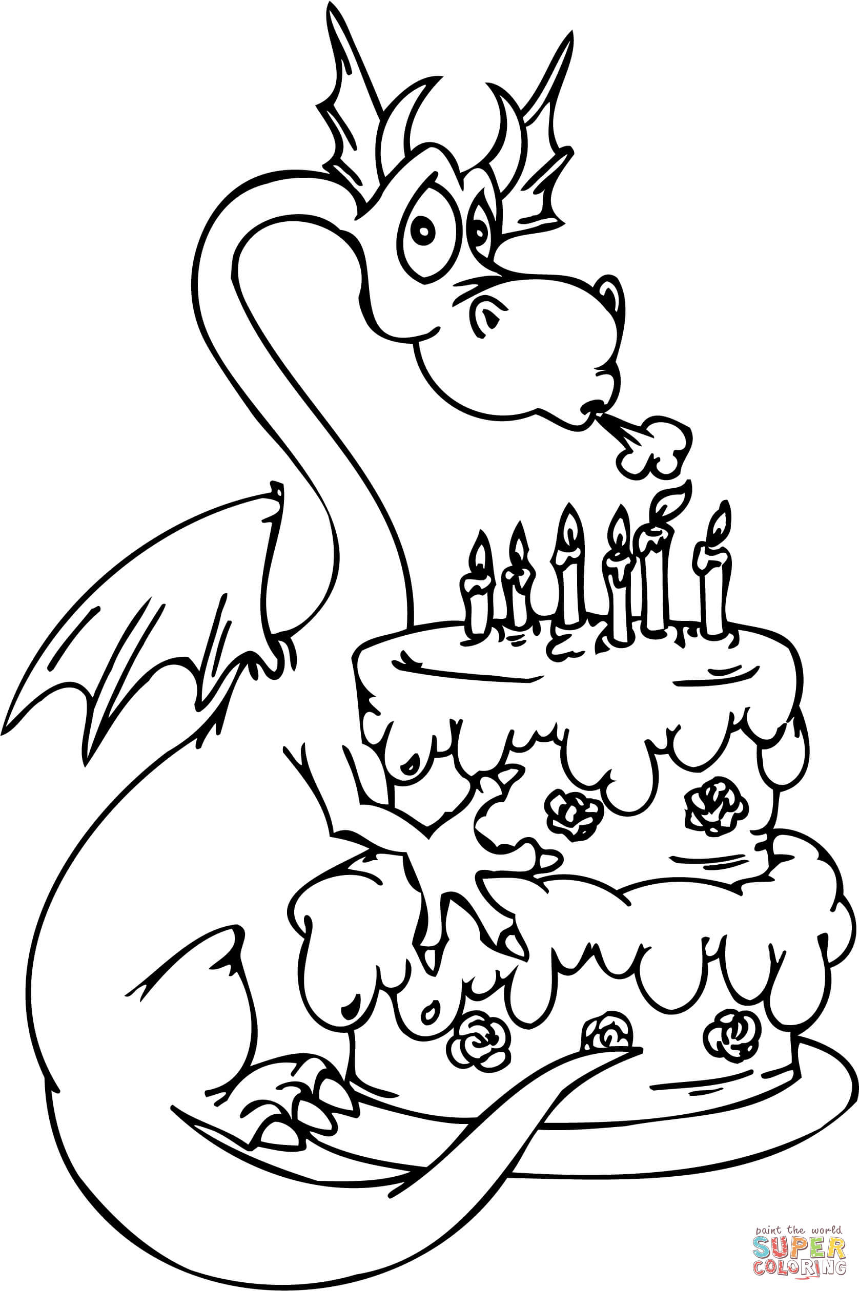 Dragon With Happy Birthday Cake Coloring Page | Free Printable - Free Printable Pictures Of Birthday Cakes