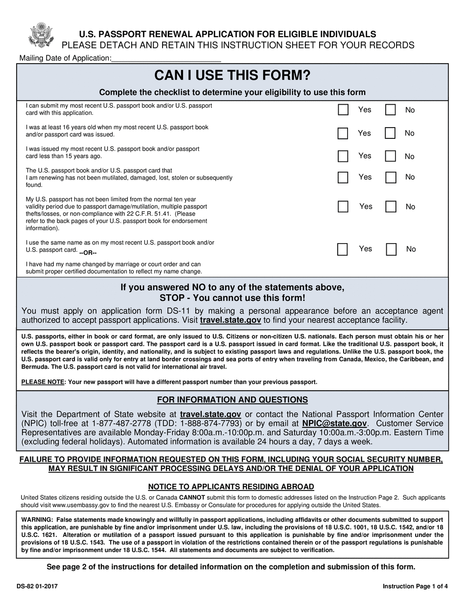 Ds-82 Form 2017 - 2019 - Printable &amp;amp; Fillable Us Passport Renewal - Find Free Printable Forms Online