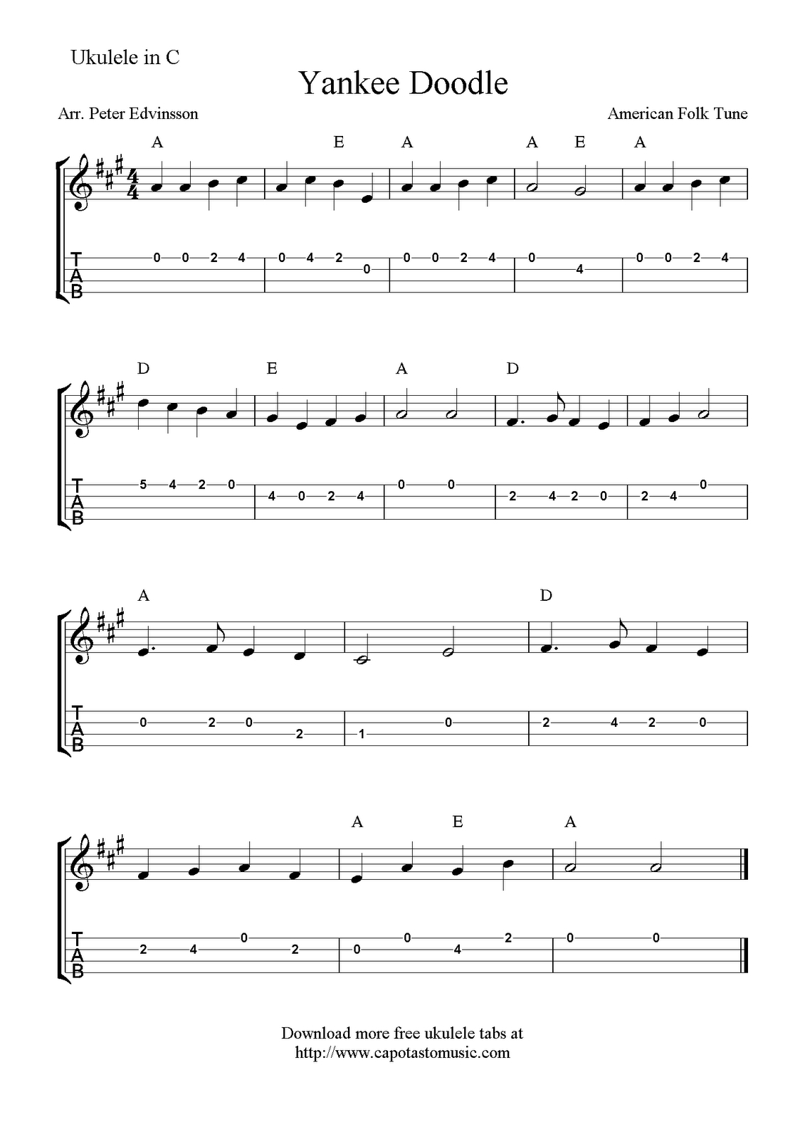✓&amp;quot;yankee Doodle&amp;quot; Ukulele Sheet Music - Free Printable | Tips For - Free Printable Ukulele Songs