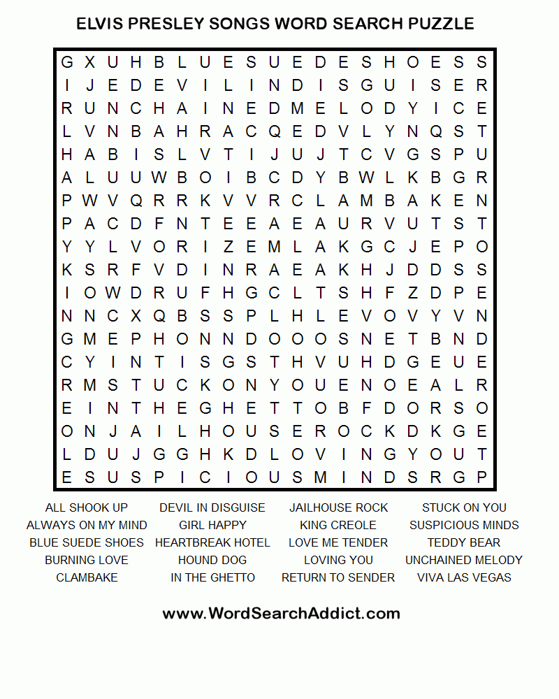 Elvis Songs Word Search Puzzle | Coloring &amp;amp; Challenges For Adults - Free Printable Word Search Puzzles Adults Large Print