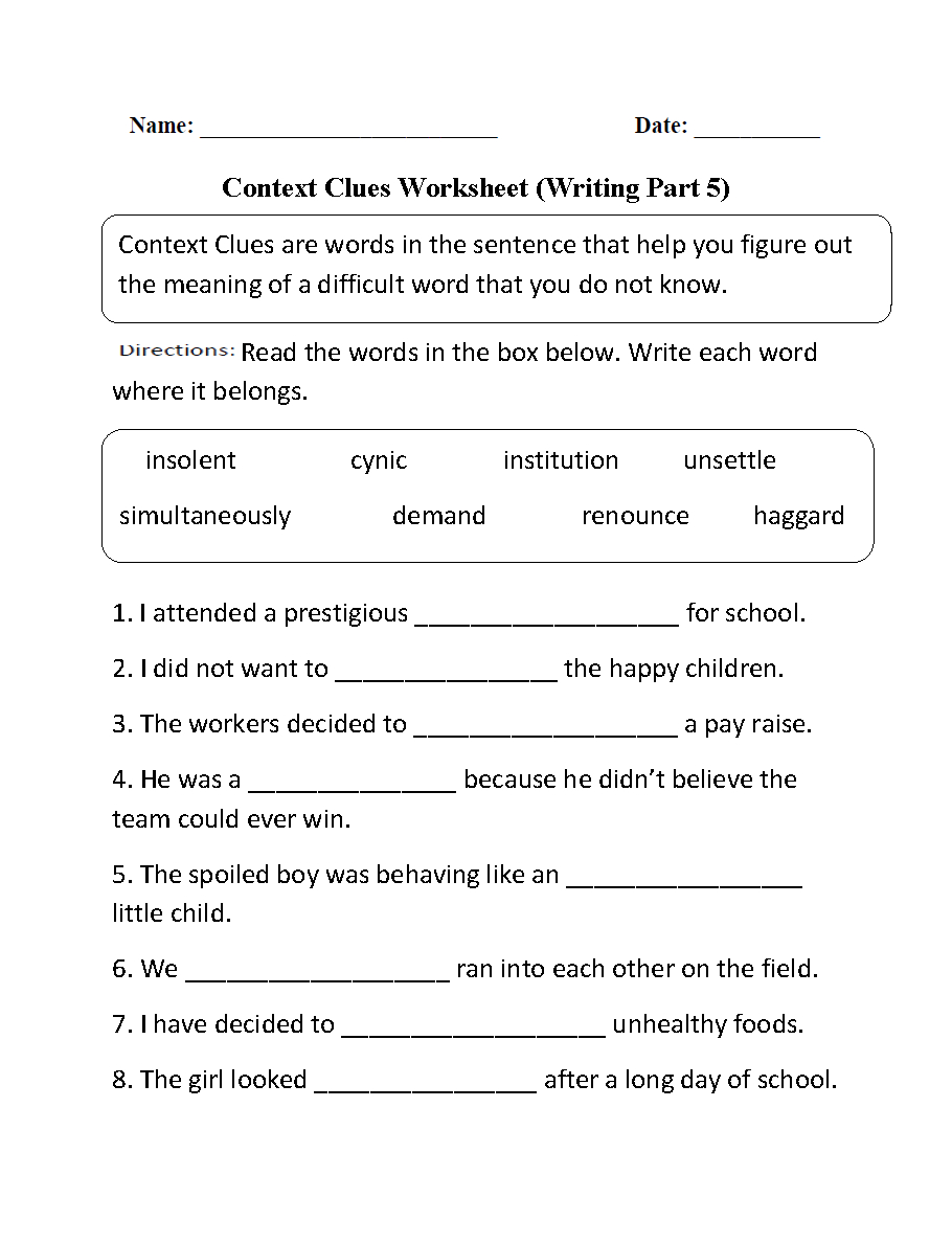 free printable 5th grade context clues worksheets