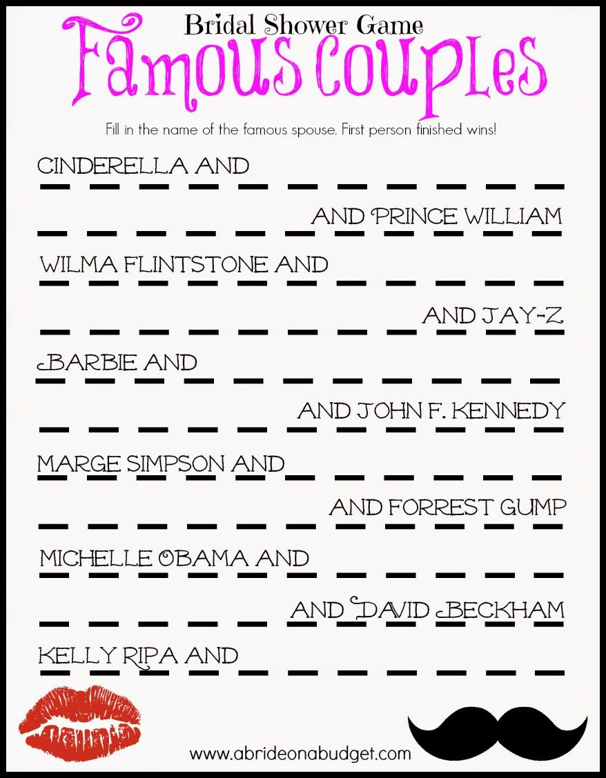 Famous Couples Bridal Shower Game (Free Printable) | Frugal And - Free Printable Wedding Shower Games