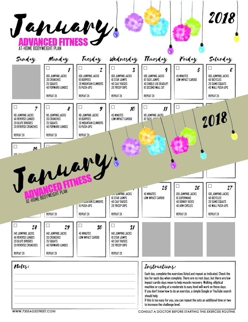 Fitness Challenge - 30 Day Fitness Advanced Workout January 2018 - Free Printable Workout Routines