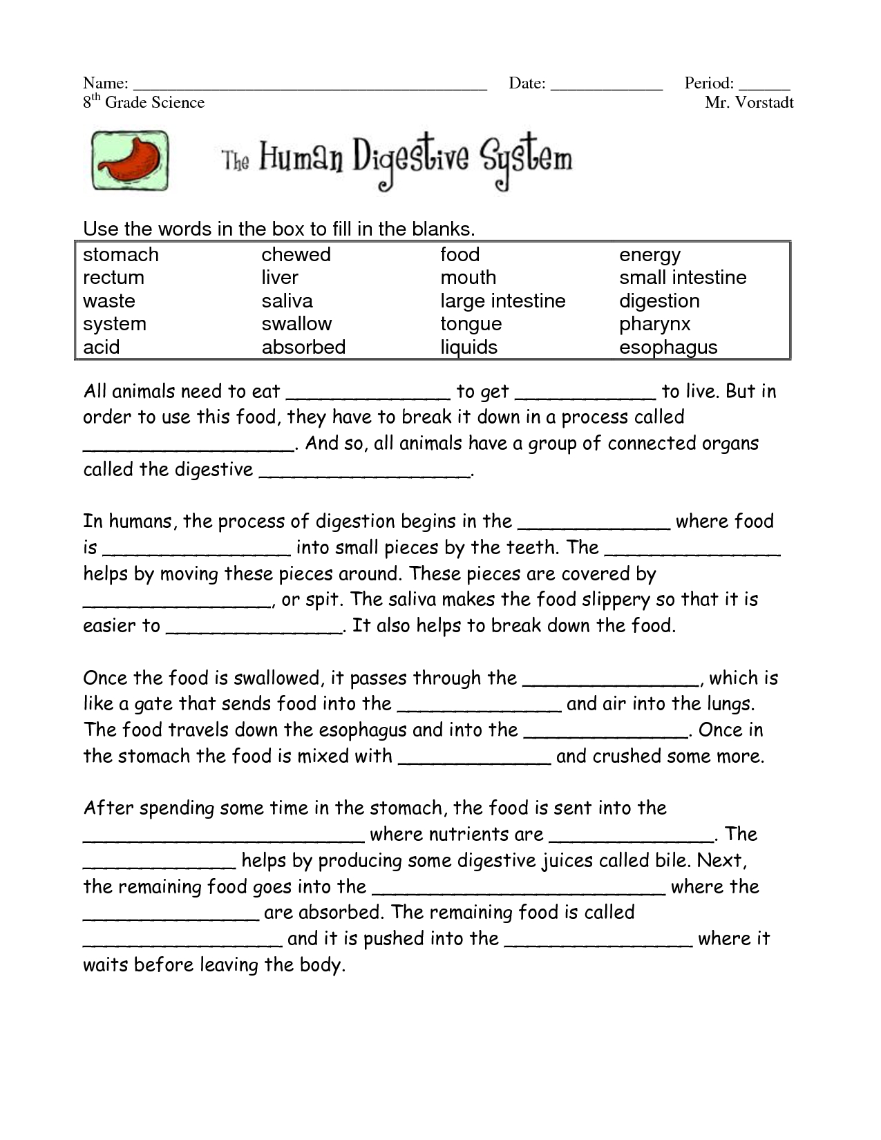 Food Digestion Worksheets | Digestive_System_Worksheets - Free Printable Biology Worksheets For High School
