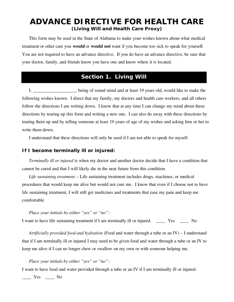 Free Alabama Advance Directive | Living Will &amp;amp; Power Of Attorney - Free Printable Advance Directive Form