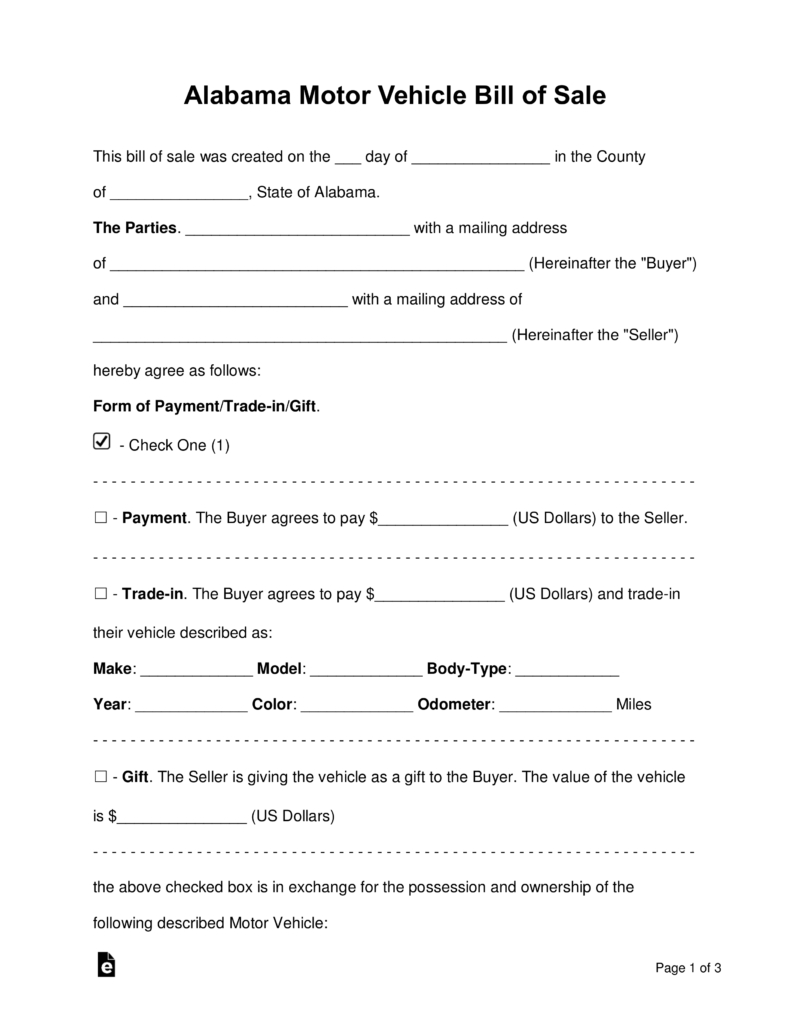 Free Alabama Motor Vehicle Bill Of Sale Form - Word | Pdf | Eforms - Free Printable Vehicle Bill Of Sale