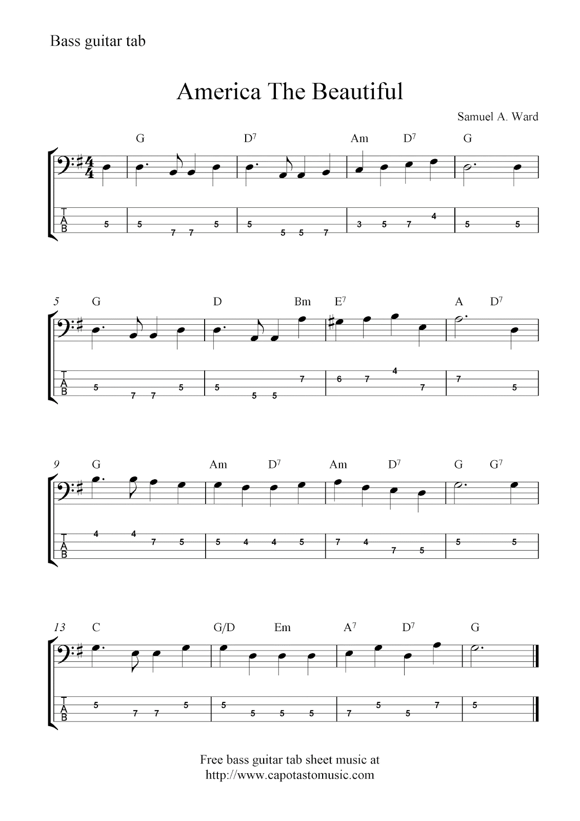 Free Bass Guitar Tab Sheet Music, America The Beautiful - Free Printable Guitar Music