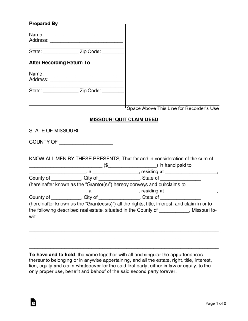 Free Beneficiary Deed Missouri Template Free Missouri Quit Claim - Free Printable Beneficiary Deed