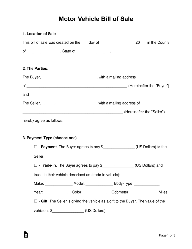 Free Bill Of Sale Forms - Pdf | Word | Eforms – Free Fillable Forms - Free Printable Automobile Bill Of Sale Template