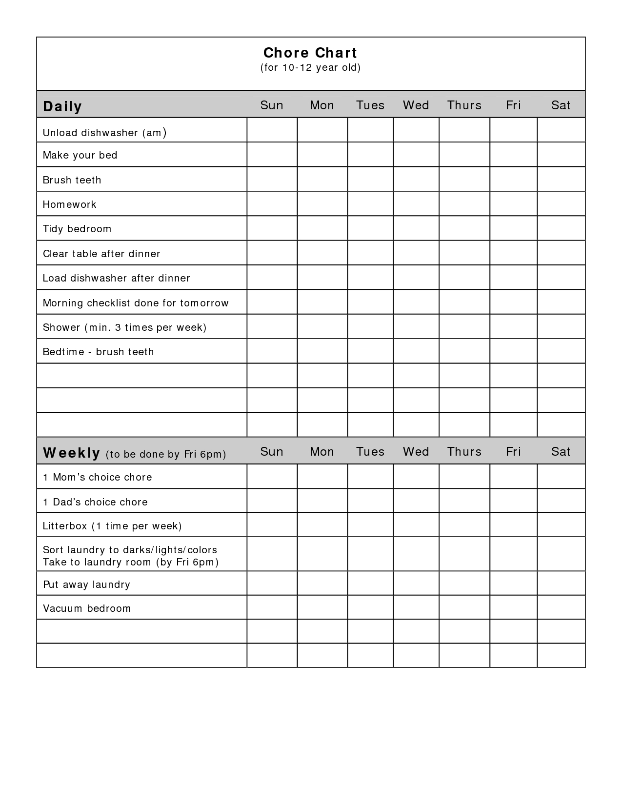 Free Blank Chore Charts Templates | Family Blank Weekly Chart - Free Printable Charts And Lists